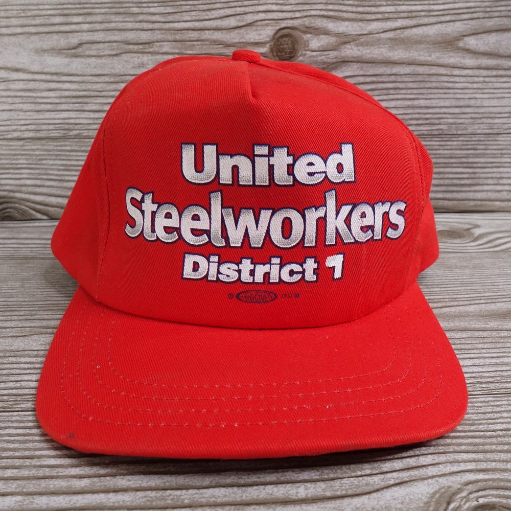 VINTAGE UNITED STEELWORKERS DISTRICT 1 RED SNAPBACK HAT CAP